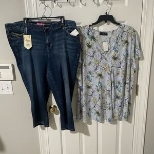 Floral Blouse and Dark Jeans capri nwt Set 26 /28 top lane Bryant